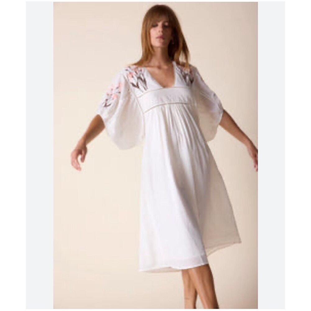 St Roche Lake Gauze Midi dress Ivory and Pink Embroidered w/Pockets Sz M NWT